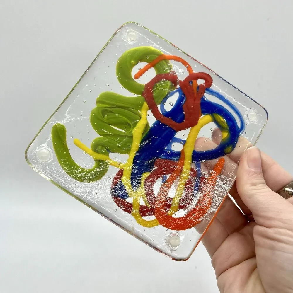 OOAK Set Of 2 Colorful Squiggle Art Glass Coasters Paperweights